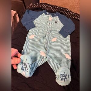 Hurley Kids Blue Striped Footie with Shark Fin Design